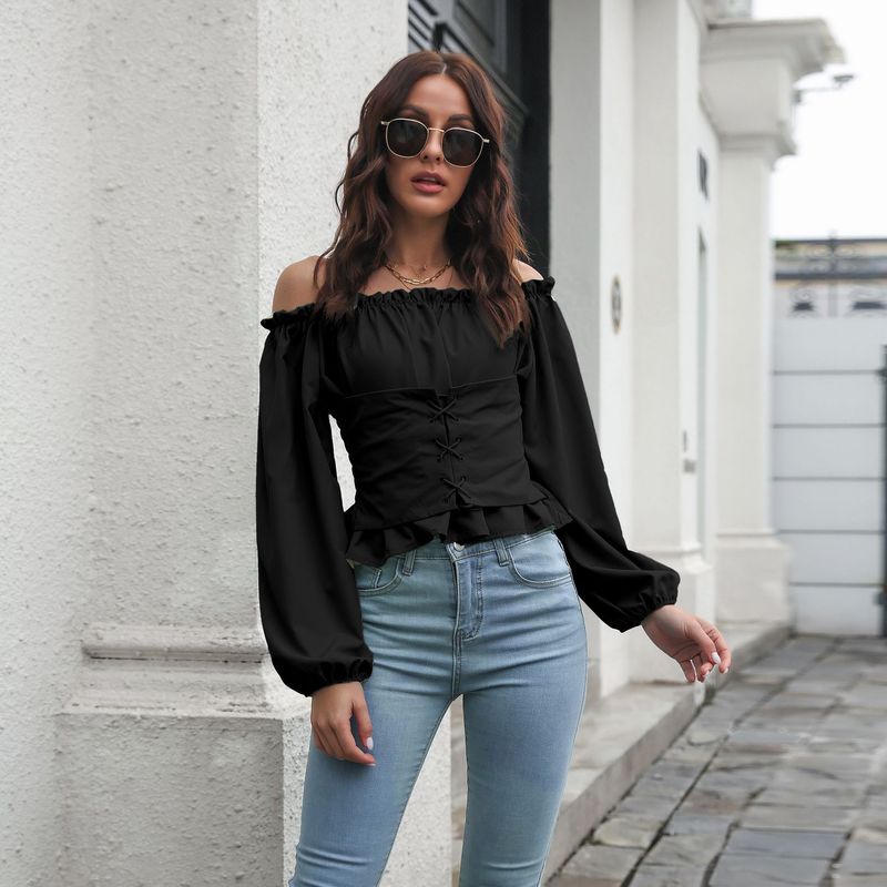 Cinturino frontale da donna con manica a lanterna, colletto a una linea, camicia in chiffon a maniche lunghe, con cintura, top corto_voghion.com