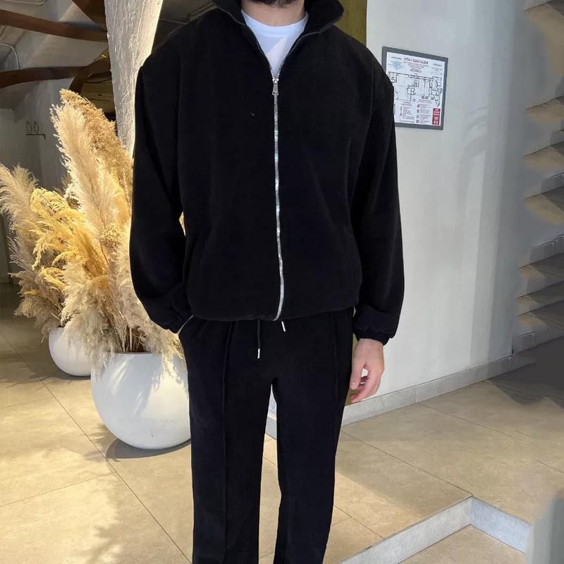 Herrenbekleidung Lässiger Reversreißverschluss Einfarbige Jacke und Hose Zweiteiliger Anzug_voghion.com