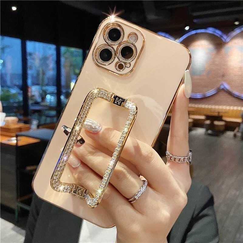 Korea 3D Crystal Square Holder Gold Plating Phone Case For iphone 14 12 Pro Max MiNi 11 13 Pro X XS XR 6 S 7 8 Plus SE Cover_voghion.com