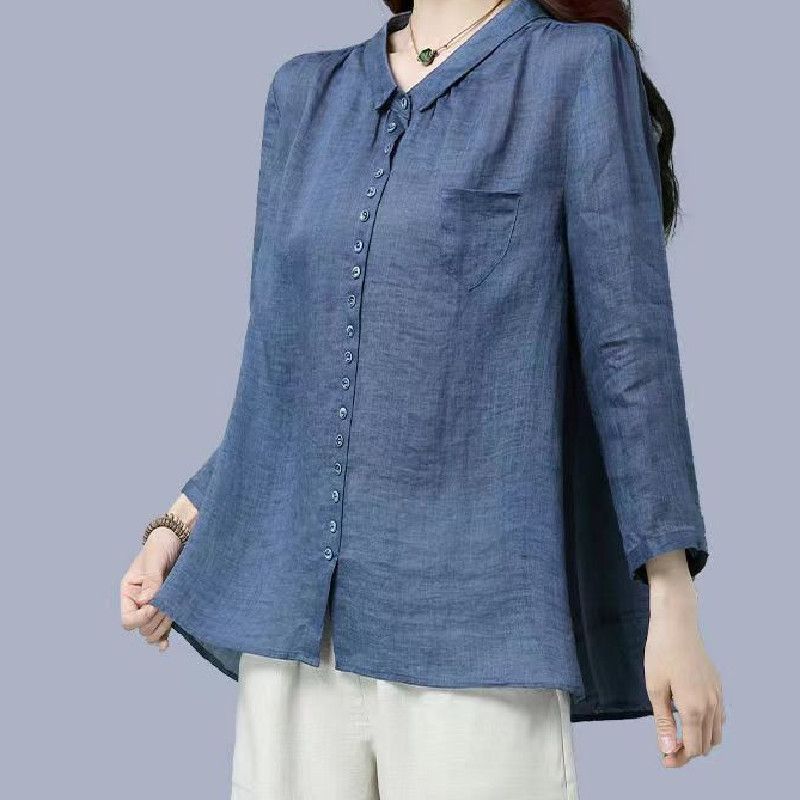Camicia a maniche lunghe casual ampia in cotone e lino autunno 2024 per donna_voghion.com