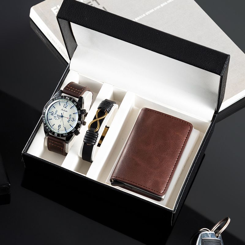 Watch Gift Set Men's New Watch Set With Calendar Watch + Cowhide Bracelet Card Holder Creative Combination 3 Piece Set For Boyfriend_voghion.com
