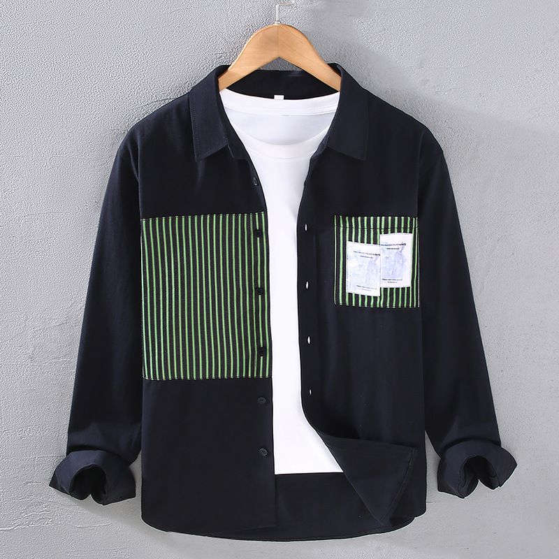 Men's Japanese Casual Color Contrast Pure Cotton Long Sleeved Shirt, Loose And Handsome In Spring And Autumn, Versatile And Trendy Work Shirt_voghion.com