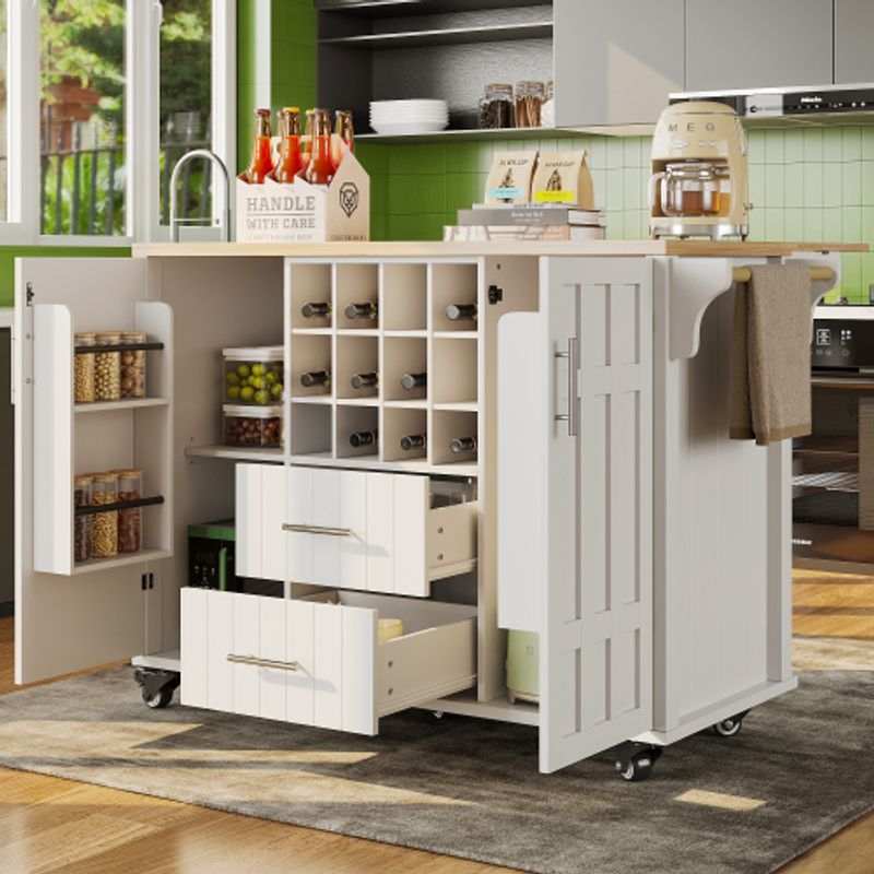 Kücheninsel Mit Herausnehmbaren Trennwänden, Esszimmerwagen Mit Arbeitsplatte, Buffetschrank, Esszimmerwagen Mit Holzmaserung, Seitlicher Handtuchhalter, Mit Weinregal, Mit Rollen, Weiß_voghion.com