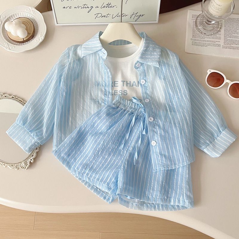 Abbigliamento per bambini, completo estivo da bambina, stile nuovo, alla moda, a righe verticali, a maniche lunghe, con protezione solare, pantaloncini, completo da tre pezzi_voghion.com