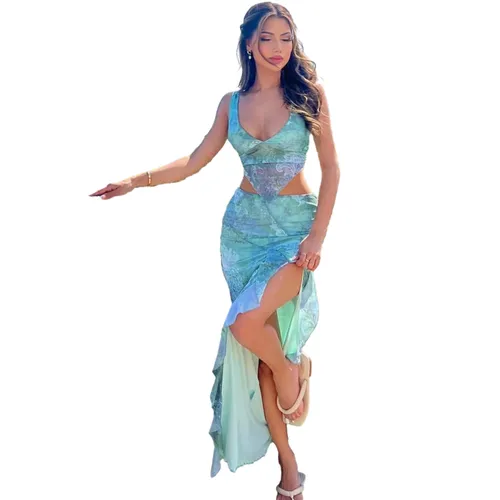 Conjunto sexy de 2 piezas para vacaciones de verano para mujer, camisetas sin mangas con cuello en V irregulares y faldas largas con abertura, atuendos a juego de medianoche._voghion.com