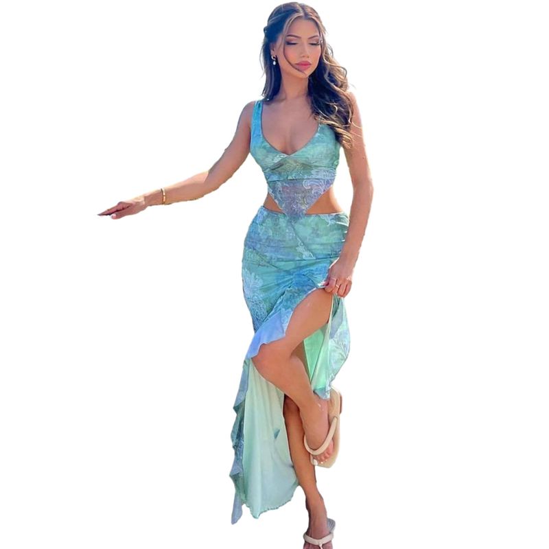 Sexy Sommerurlaub 2-teiliges Set für Damen, bedruckt, unregelmäßiger V-Ausschnitt, Tanktops + Maxi-Split-Röcke, passende Mitternachts-Outfits_voghion.com