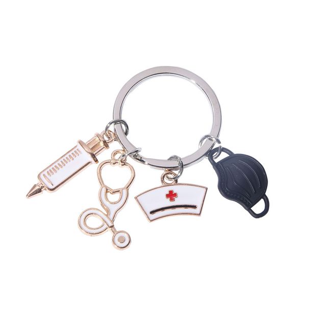 Portachiavi con ciondolo a forma di cuore in metallo, piccolo, per infermiere, dottore, mascherina, siringa e stetoscopio_voghion.com