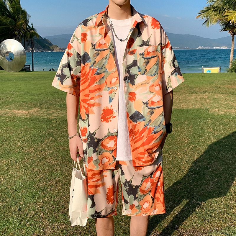 Kaufen nach Größentabelle Eisseide Kurzarm für Herren Sommer Sanya Urlaubshemd Hawaii Strand Shorts Set_voghion.com