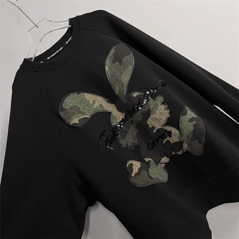 Women's Clothing New Cartoon Embroidered Letters Camouflage Rabbit Long Sleeved Sweater Female Round Neck Top_voghion.com