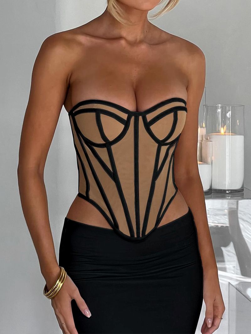 Sexy Slim Fit Tube Top Backless Design Sense Line Contrast Color Waist Top For Women_voghion.com