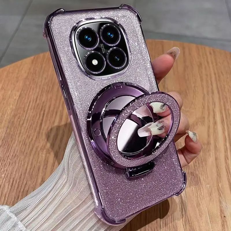 Glitter Shockproof Silicone Case For Xiaomi Redmi A3 14C 13C 12 Note 14 13 12 Pro Mirror Magnetic Holder Stand Soft Cover_voghion.com