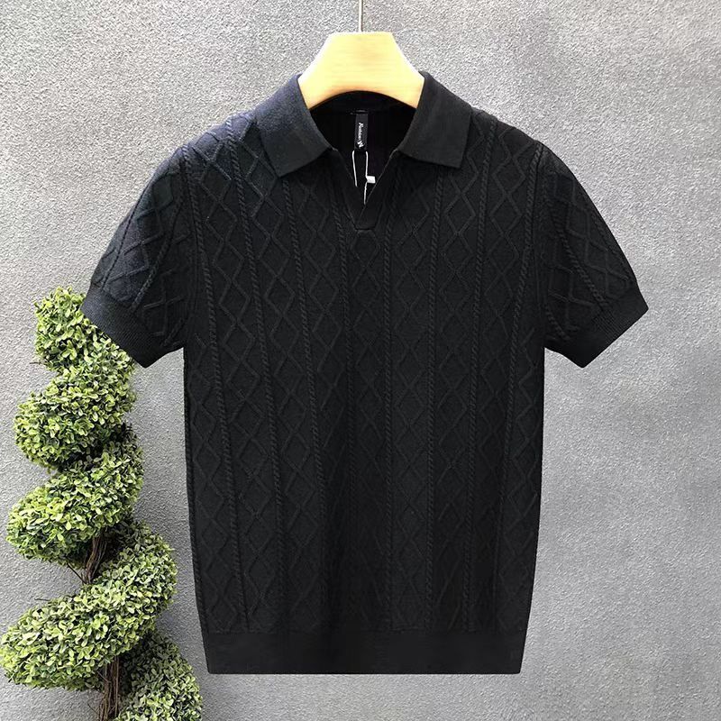 Herrenbekleidung Rautenförmiges Poloshirt aus Eisseide mit V-Ausschnitt und kurzen Ärmeln für den Sommer, leichtes, luxuriöses High-End-Business-Temperament-T-Shirt_voghion.com