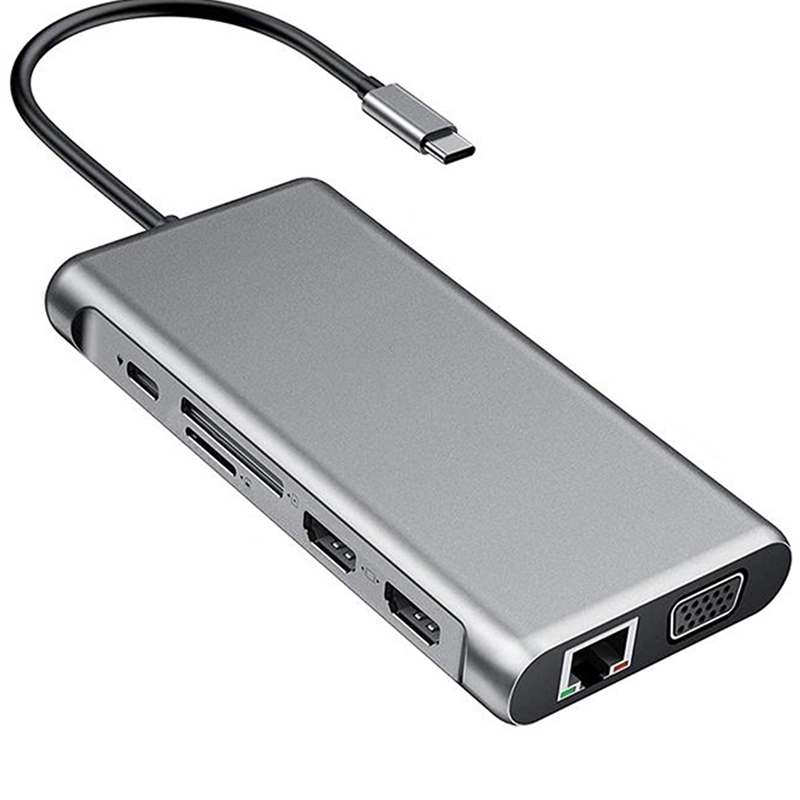 12 in 1 HDMI x2 + USB3.0 + USB2.0 + PD Charging + VGA + RJ45 + 3.5mm Jack + TF/SD x2 Type-C / USB-C HUB Docking Station(Dark Grey)_voghion.com