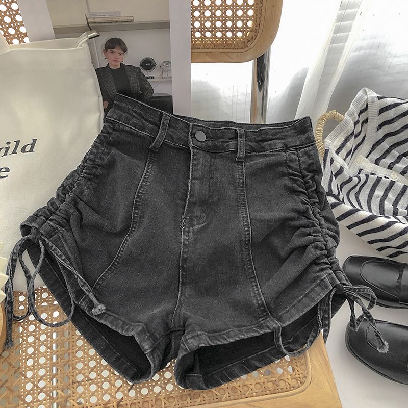 Denim shorts for women's summer high waisted, niche design, slimming effect, pleated straps, spicy girl elastic slim_voghion.com