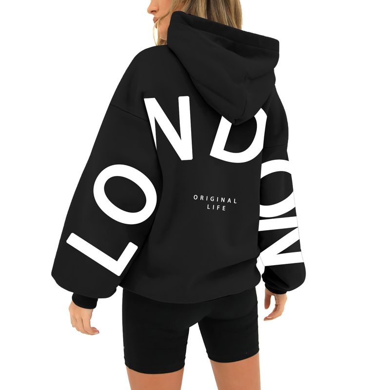 Damenbekleidung Bedrucktes Langarm-Kapuzen-Sweatshirt mit loser Tasche_voghion.com