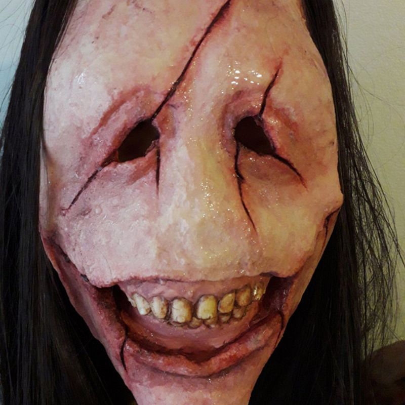 Long haired red faced witch Halloween horror female ghost latex mask escape room costume headgear Halloween_voghion.com