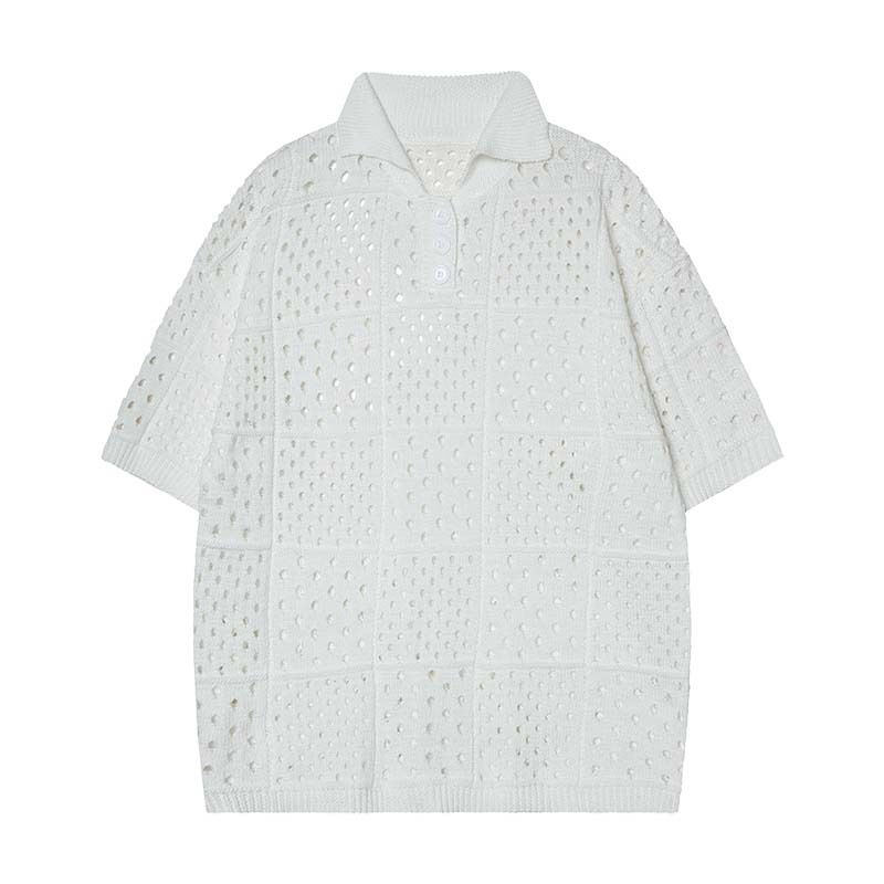 Herrenbekleidung Sommer Neue Modemarke Einfarbig Hohl High-End Kurzarm Gestricktes Poloshirt Herren High Street Lose Top_voghion.com