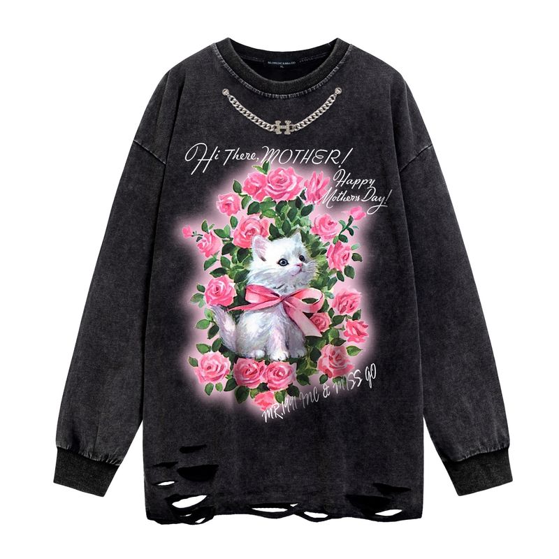 Abbigliamento da uomo Felpa con cappuccio con stampa gattino fiore catena H nera Wash Water per uomo e donna_voghion.com