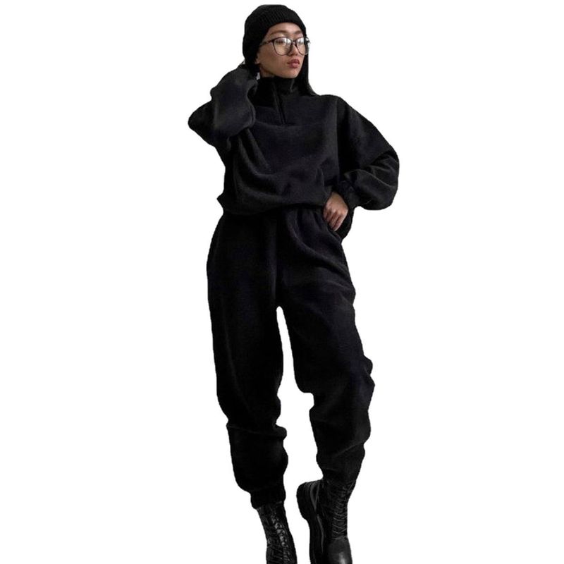 Felpa casual da donna in tinta unita con cerniera e colletto rialzato, set da 2 pezzi_voghion.com