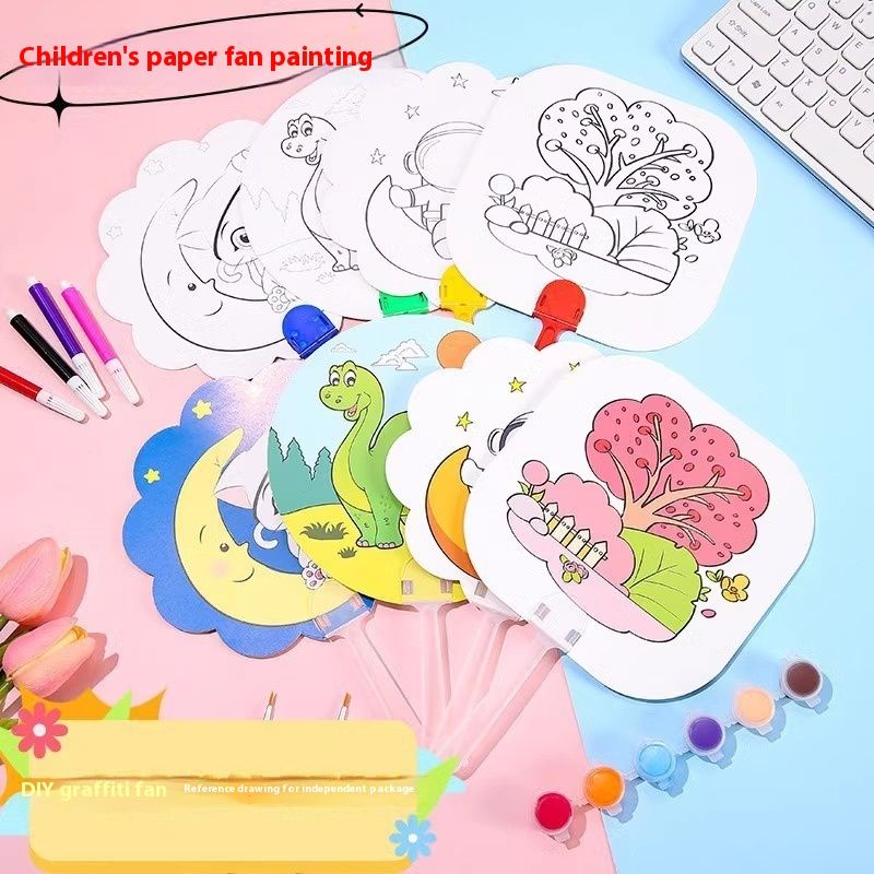 Cartoon blank hand drawn children's handmade DIY material, small fan, summer kindergarten school fan_voghion.com