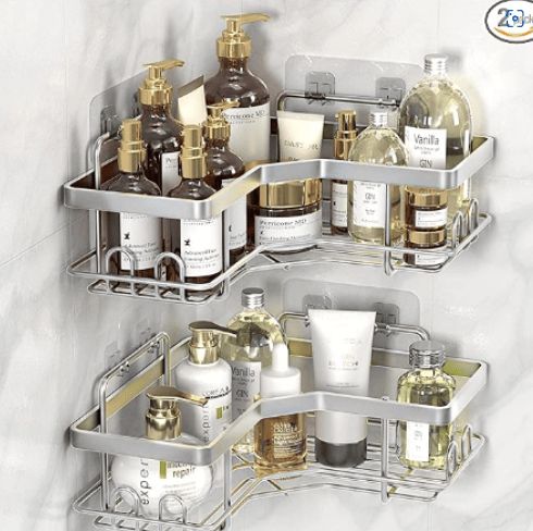 Strong Adhesive Shower Organizer Shelf With 8 Hooks.Waterproof, Rustproof Wall-mounted Shower Shelves For Bathroom,dorm And Kitchen .No Drilling (Matte Silver)_voghion.com