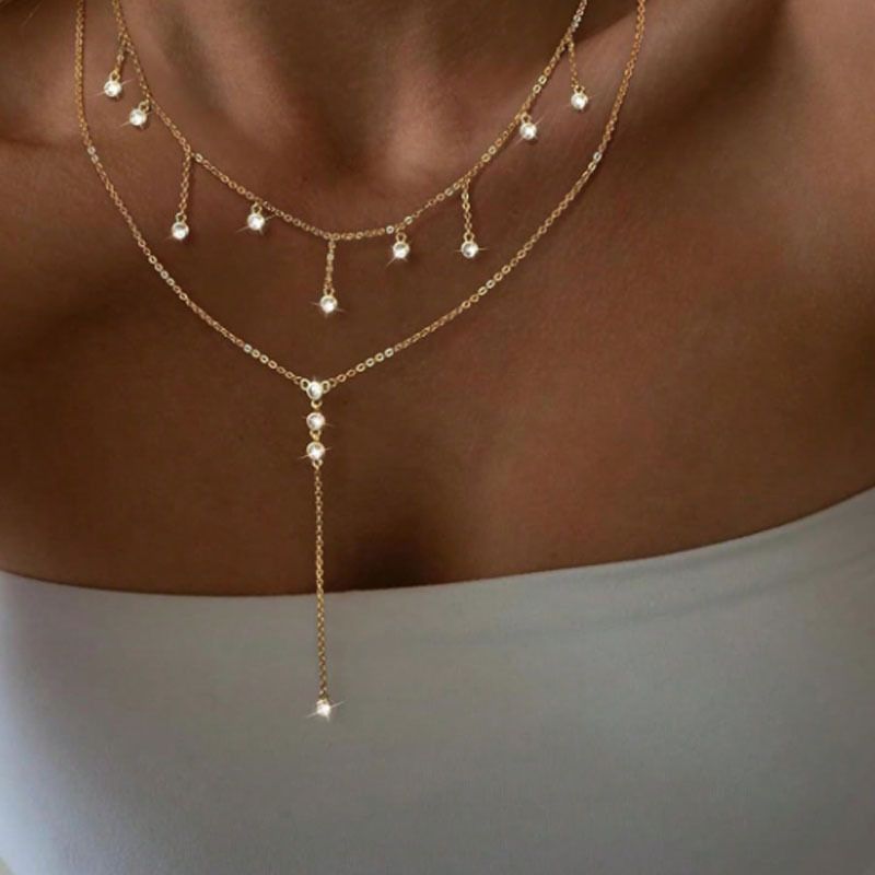 Neue Stil Persönlichkeit Einfache Multi-schicht Zirkon Strand Casual Mode Y-förmige Lange Halskette Für Frauen_voghion.com