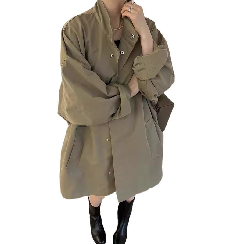 Frühlingskleidung, Koreanischer Chic, Dünner, Lässiger Stil, Stehkragen, Lockere, Lässige Ärmel, Mittellange Bis Lange Windjacke_voghion.com