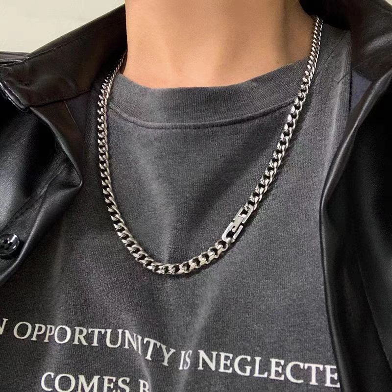 Collana da uomo alla moda in acciaio al titanio, stile cubano hip-hop, resistente allo sbiadimento, unisex, semplice e versatile, accessorio per coppia con catena spessa._voghion.com