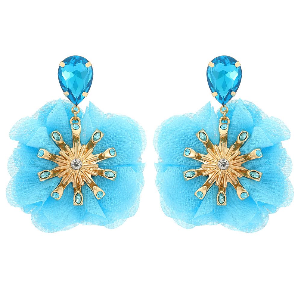 Big flower chiffon earrings clip diamond earrings jewelry_voghion.com