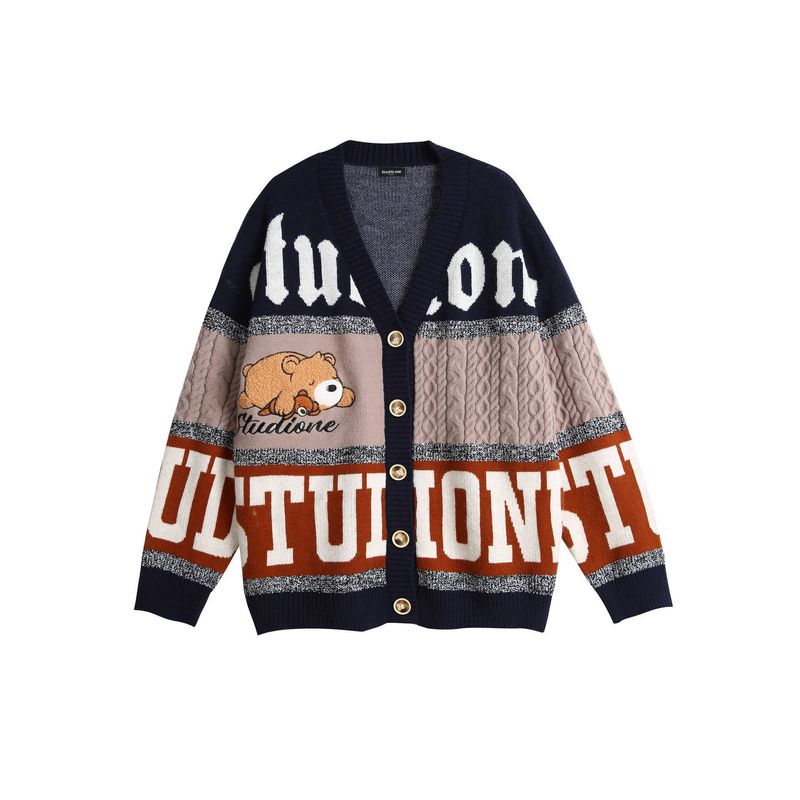 Men's Clothing trendy casual bear jacquard knitted cardigan jacket original color matching V neck sweater_voghion.com