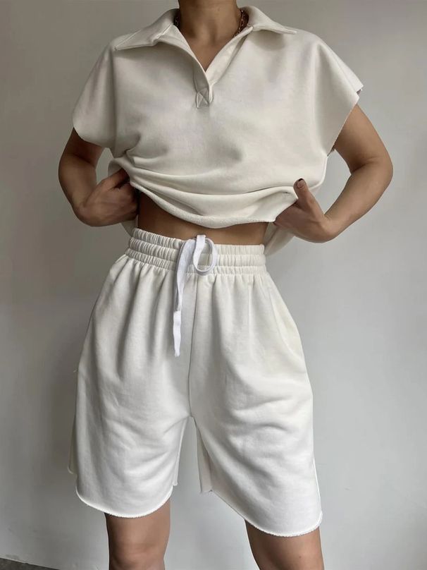 Streetwear Matching Set – Oversized Lapel Top & Drawstring Shorts 2-Piece (White/Grey/Silver/Brown/Black, S-XL) | Y2K Retro Lounge & Urban Outfit_voghion.com