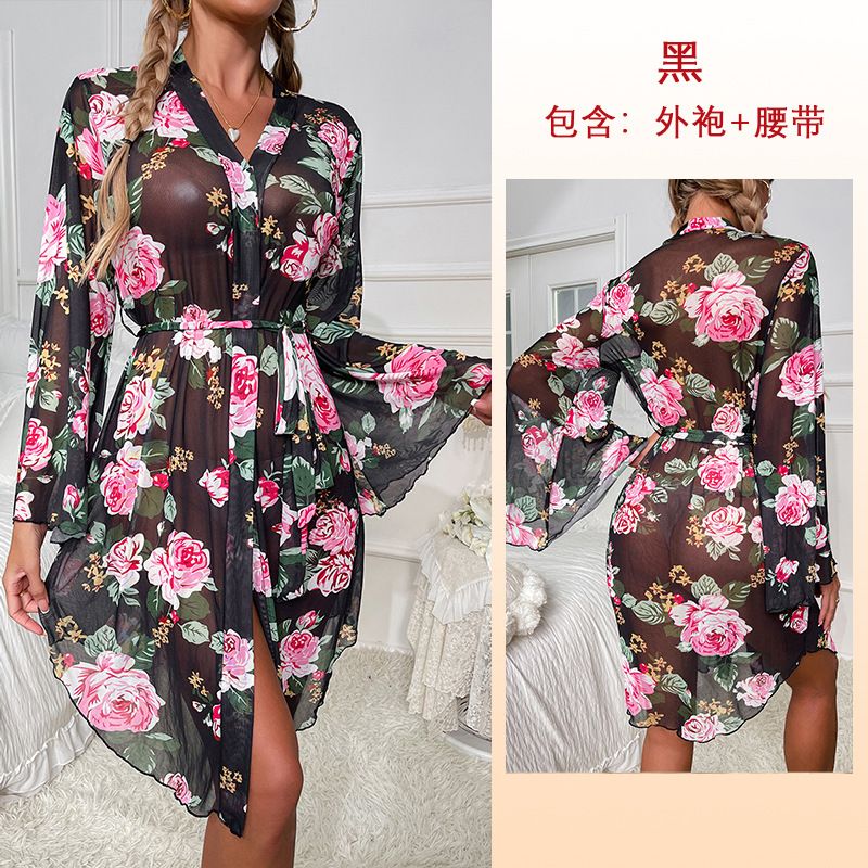 Feiyun cross border new mesh pajamas women's printed light luxury long sleeved cool nightgown bathrobe home clothes women 597_voghion.com