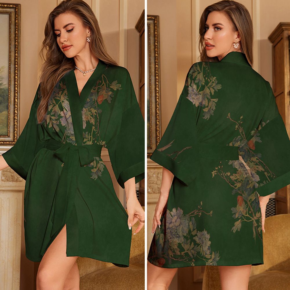 Kimono di lusso in raso e chiffon – Accappatoio leggero con scollo a V e stampa floreale di ispirazione cinese per donna_voghion.com