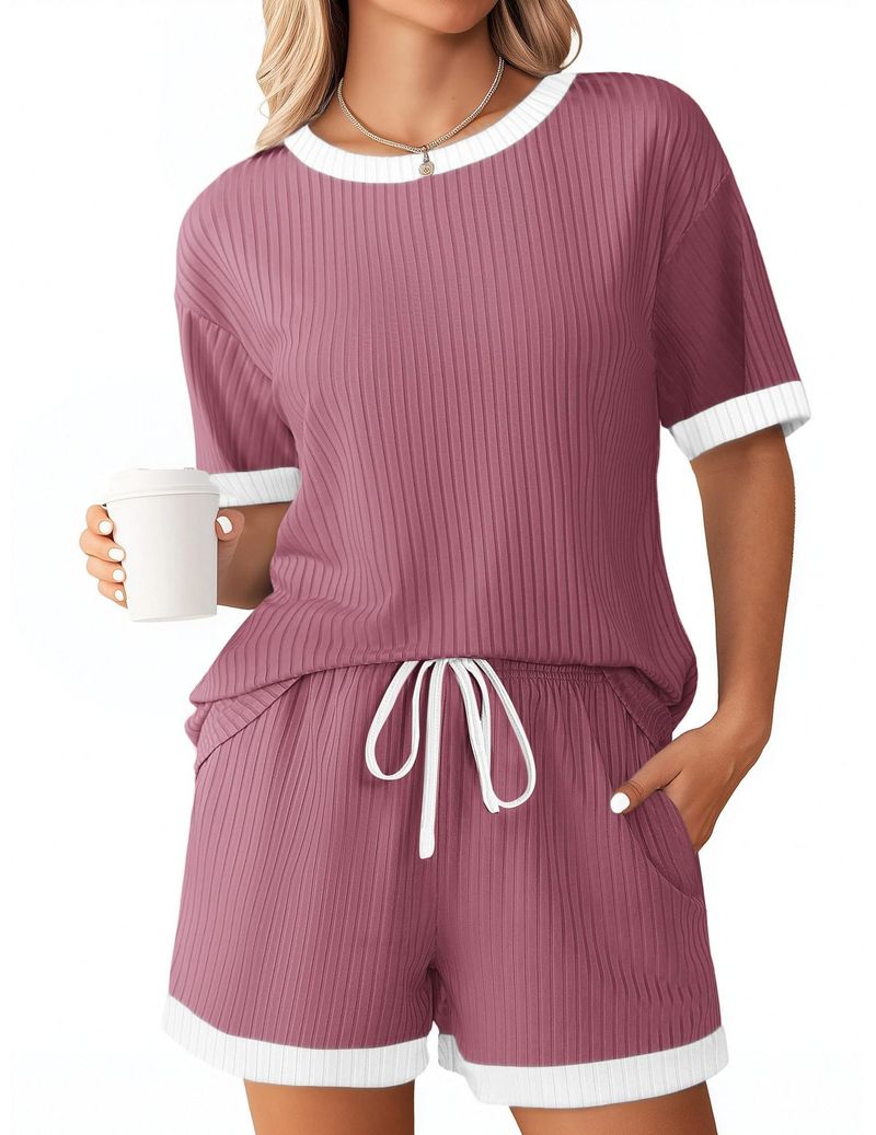 Damenbekleidung Sommer Neue einfarbige Pit Stripe Farblich passende Pyjamas Kurzarm Home Kleidung Anzug_voghion.com