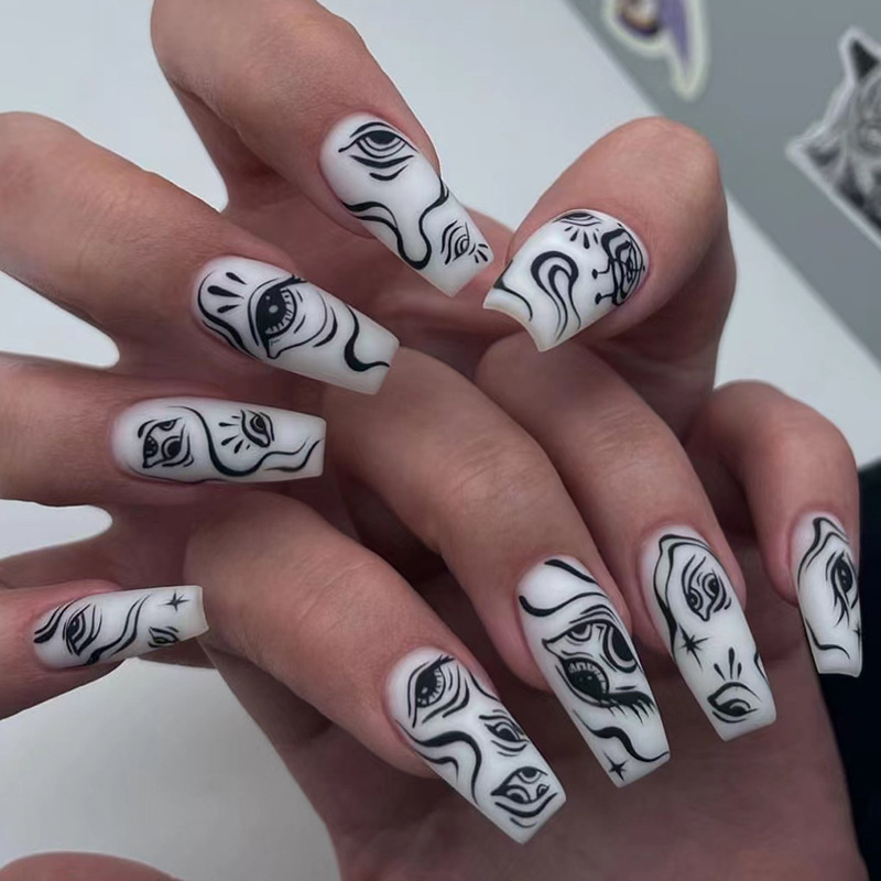 False Artificial 24Pcs Nails With Jelly Glue Short Ballet Fake Nails Black Line Eyes Designs Press On Nails Fu_voghion.com