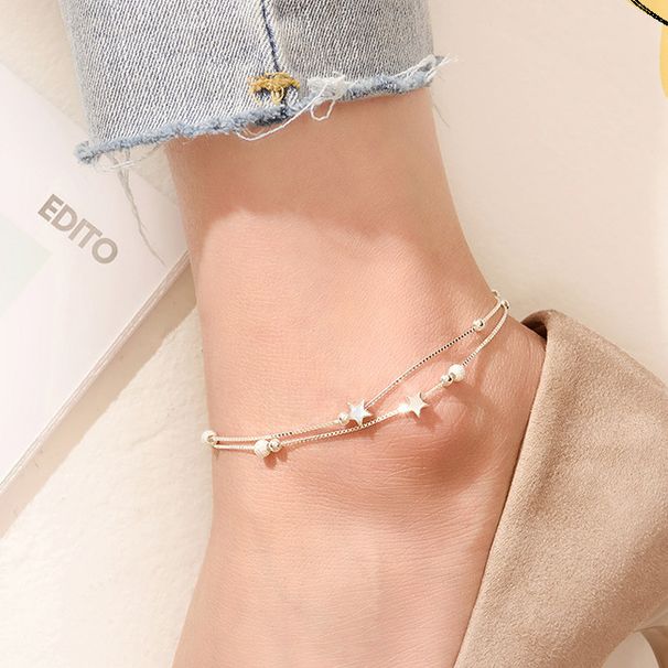 Nuova cavigliera a doppio strato con stella per donna, semplice e sexy, con perline, casual e quotidiana, in argento, gioielli per piedi_voghion.com
