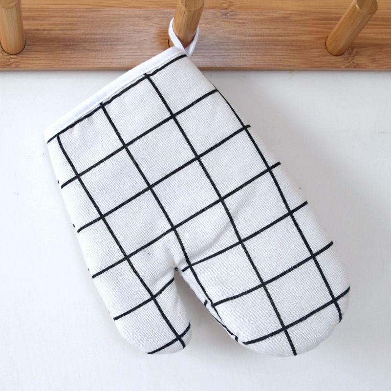 Hitzebeständige Ofenhandschuhe aus Baumwolle und Leinen – 27 cm lange Mikrowellen- und Backhandschuhe mit rutschfestem Griff, klassisches Karomuster (Schwarz/Grau/Weiß)_voghion.com