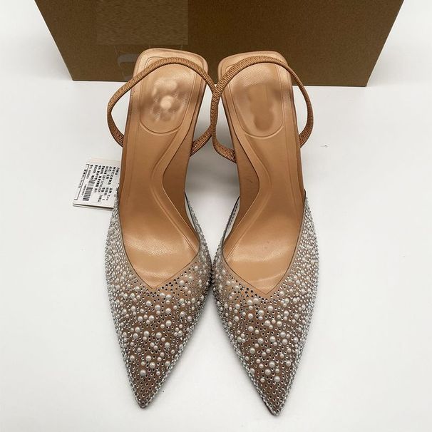 p9French high-heeled women's shoes pointed toe black rhinestones shallow mouth with empty back straps and slingback_voghion.com