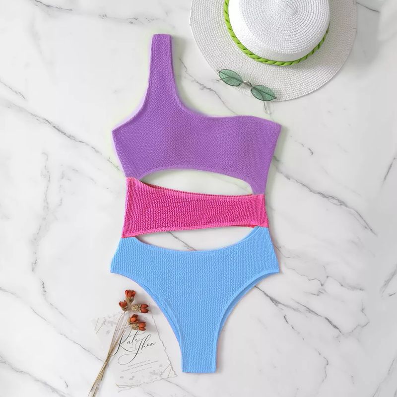Roupas femininas Novo maiô peça única costura colorida contraste cor maiô sexy biquíni vazado_voghion.com