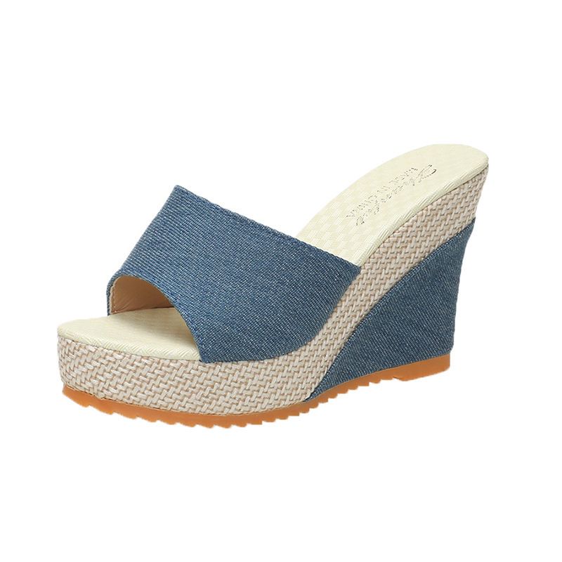 Pantofi de damă Sandale noi cu toc cu pană pentru femei Papuci cu talpă groasă cu floare de prun cu o linie pentru femei Papuci cu pană pentru femei_voghion.com