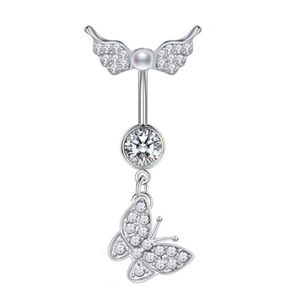 Piercing all'ombelico in acciaio inossidabile con zircone, nuovi gioielli con ciondolo a forma di farfalla con perla, transfrontalieri europei e americani_voghion.com