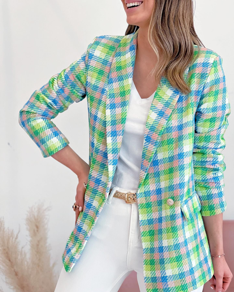 Damenbekleidung Plaid Print Langarm Tasche Zwei-Knopf Blazer Frauen_voghion.com