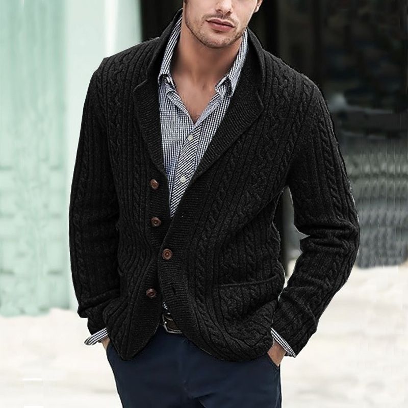 Herrenbekleidung Langarm Strickjacke Einreihig Tasche Gedrehter Blumen Blazer Kragen Lässiger Pullover_voghion.com