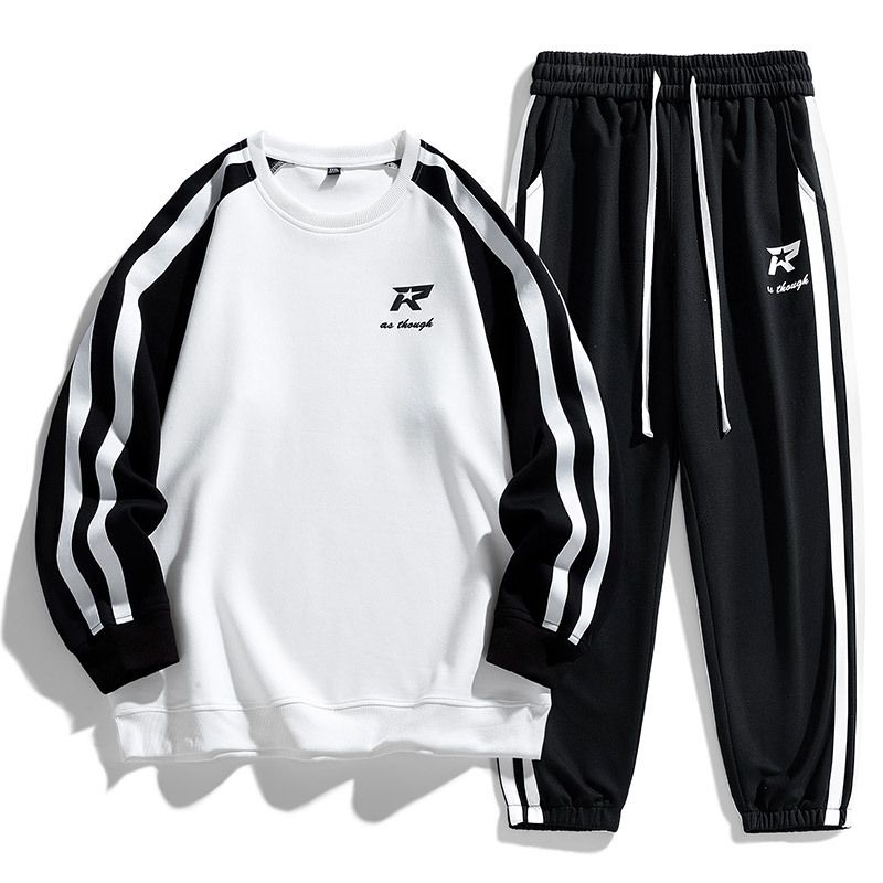 Casual 2023 new autumn youth patchwork striped fashion hoodie sports suit men_voghion.com