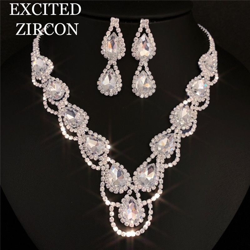 Charm Bridal Earrings Necklace Two Piece Multicolor Crystal Water Diamond Jewelry Set_voghion.com