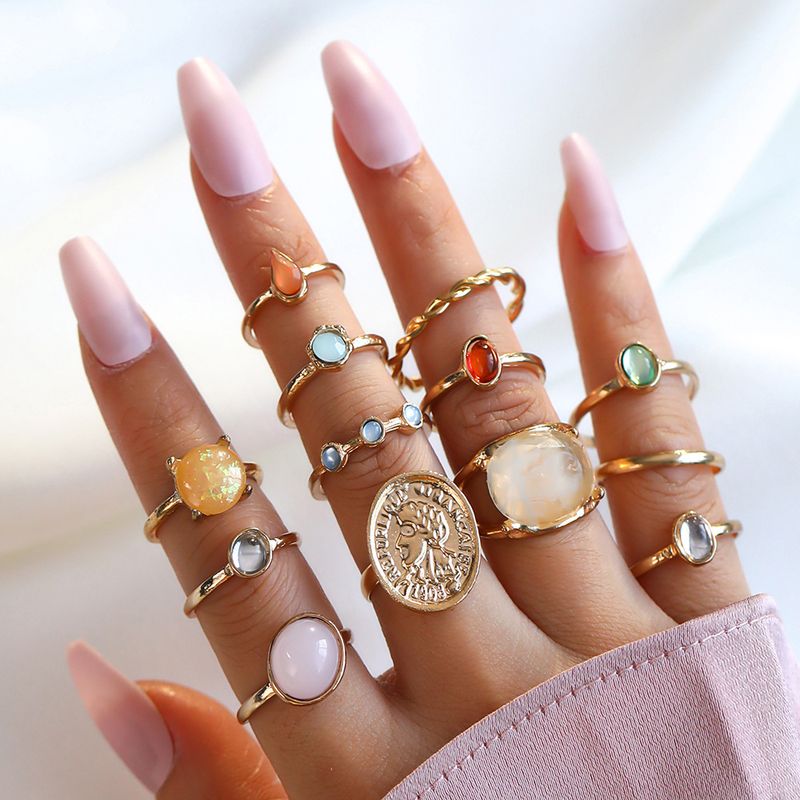 Set di 13 anelli con ritratto in rilievo e diamanti intarsiati, anelli barocchi minimalisti creativi color gelatina per donna_voghion.com