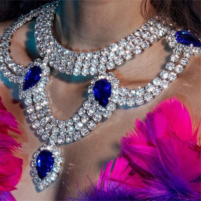 Bohemian exaggerated fashionable luxury, blue rhinestone necklace, full diamond accessory necklaces_voghion.com