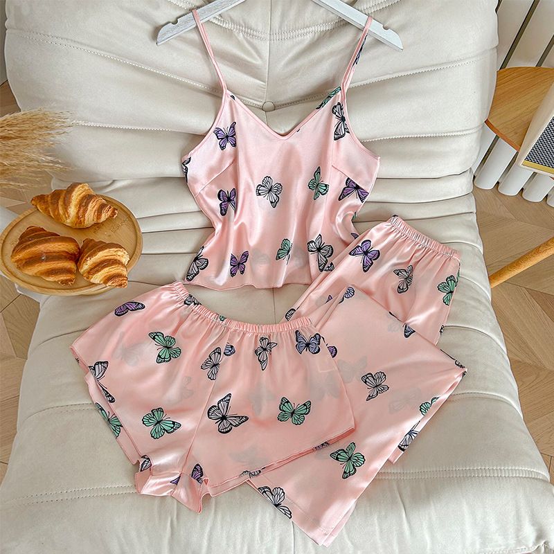 Pyjama imprimé pour femme, ensemble trois pièces, bretelles, short, pantalon, vêtements pour la maison, printemps et été, ensemble de pyjama ample et confortable_voghion.com