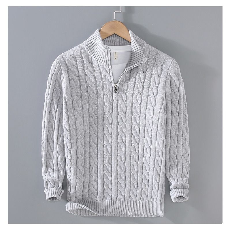 Men's Chunky Knit Sweater – Half-Zip Cable Knit Pullover (Breathable, Machine Washable, S-XXXXL, Grey/Navy/Black)_voghion.com