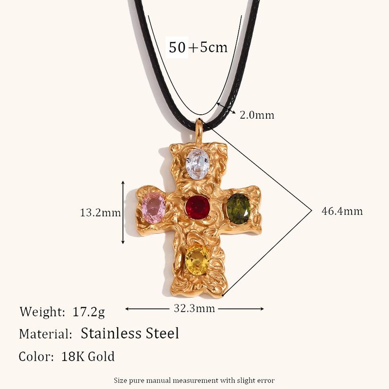 Fashionable Light Luxury Stainless Steel Gold-Plated Multicolor Hammered Cross Black Rope Necklace For Women_voghion.com